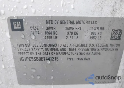 2014 Chevrolet Cruze 1Lt Auto z USA, uszkodzony, nr VIN 1G1PC5SB9E7441215